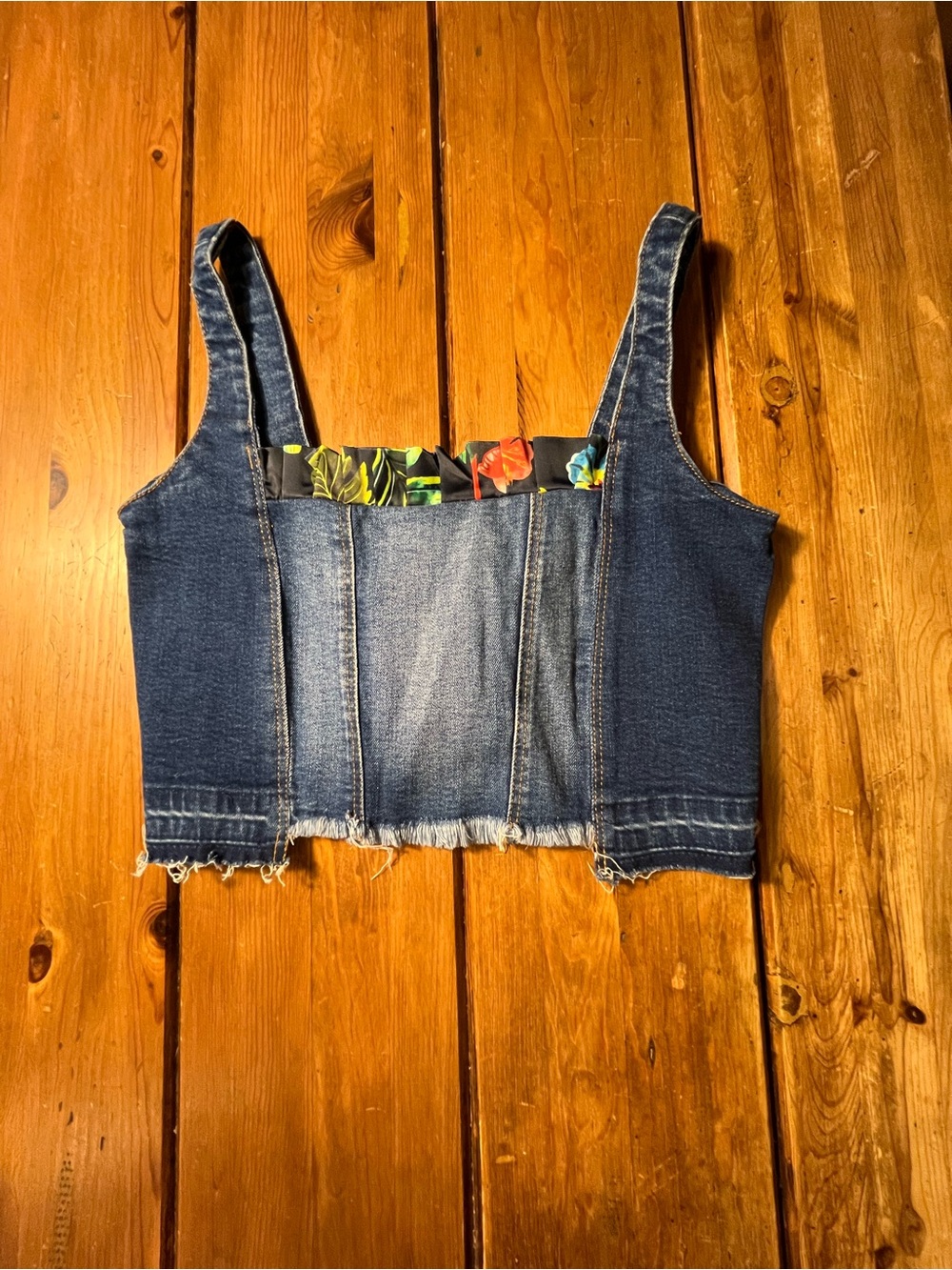 Zara Blue Denim Corset Crop Top with Floral Accent